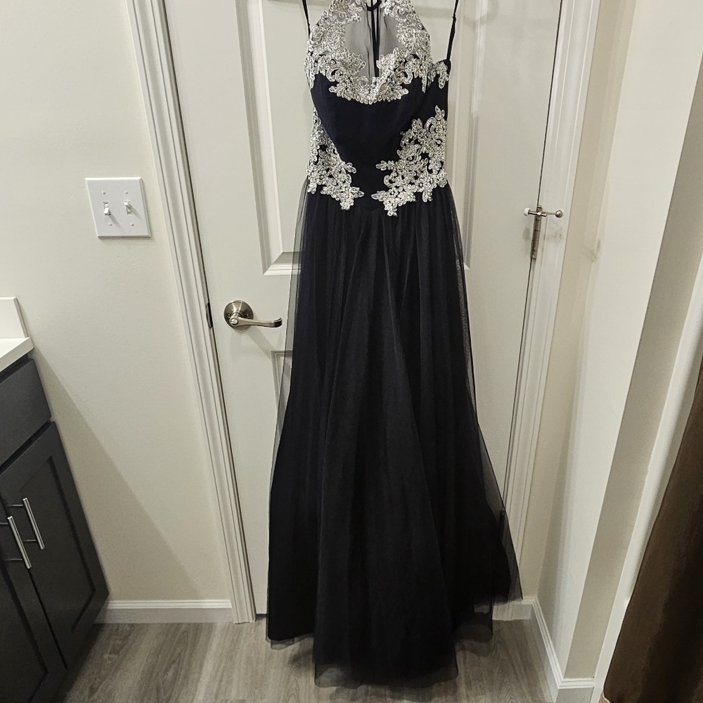Blondie Nites Navy and Silver Embellished Halter Prom Dress